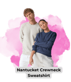 Copy of Custom promo products blog image 21 - Sonic Promos | Custom Promotional Items An image of two people, one presenting male and one presenting female wearing the Nantucket Crewneck Sweatshirts