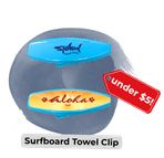 Copy of Custom promo products blog image 22 - Sonic Promos | Custom Promotional Items Two images of a surfboard shaped towel clip in blue. One shows a one color pad print, the other shows a full color label print. A small red arrow ponts to the image with the text "Under "