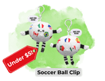 Copy of Custom promo products blog image 23 - Sonic Promos | Custom Promotional Items An image of a soccer ball shaped plush with a key clip. The soccer ball has a smiley face, hands and legs. There are country flags printed on various parts of the ball. A small tag points to the soccer with text: "under "
