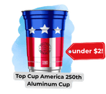 Copy of Custom promo products blog image 25 - Sonic Promos | Custom Promotional Items An image of the Top Cup 16oz American 250th Aluminum Cup. A small red arrow points to the cup and has the text "under
