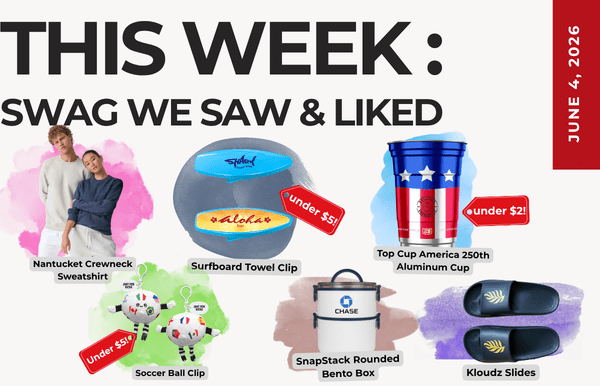 Collage of swag items with captions for 'THIS WEEK: SWAG WE SAW & LIKED' and a June 4, 2026 date badge.