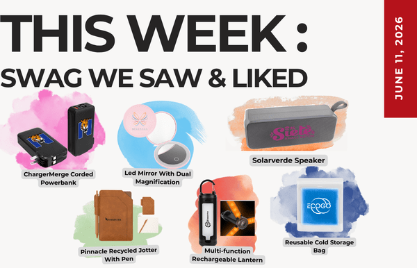 Collage of swag items with captions for 'THIS WEEK: SWAG WE SAW & LIKED' and a June 11, 2026 date badge.