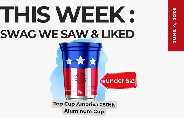Weekly swag feature graphic showing a patriotic aluminum cup labeled 'Top Cup America 250th Aluminum Cup' with an 'under $2!' badge and a June 4, 2016 date.