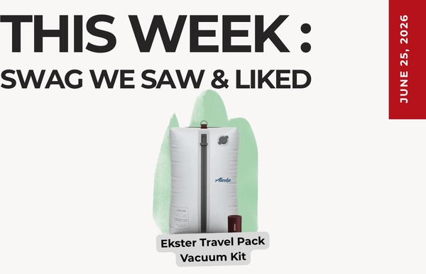 This week's feature swag: Ekster Travel Pack Vacuum Kit, shown with a green splash backdrop (June 25, 2026).