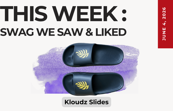 Promotional graphic showing two blue Kloudz slides over a purple brush background with headline “THIS WEEK: SWAG WE SAW & LIKED” and a vertical Jun 4, 2016 date on the right.