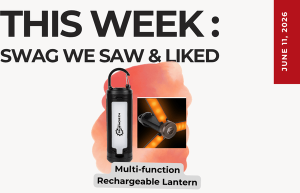 Promo graphic reading 'THIS WEEK: SWAG WE SAW & LIKED' featuring a black multi-function rechargeable lantern and a small inset flashlight, with a red date badge Jun 11, 2026.