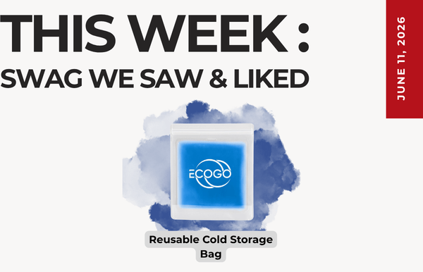 Promotion banner featuring a blue reusable cold storage bag with Ecogo logo, labeled 'Reusable Cold Storage Bag' and the heading 'This Week: Swag We Saw & Liked' (June 11, 2016).