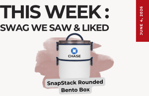 Graphic announcing this week's swag feature: a white SnapStack Rounded Bento Box with a Chase logo on a pink brushstroke backdrop (June 4, 2016).