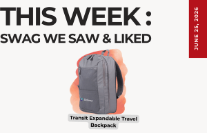 Promotional graphic for 'This Week: Swag We Saw & Liked' featuring a gray Delancy Transit Expandable Travel Backpack on a pale background with a red date stripe reading June 25, 2026.