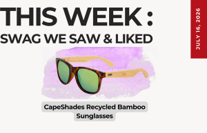 Graphic announcing this week's swag: CapeShades Recycled Bamboo Sunglasses, purple splash background and a July 16, 2026 date badge.