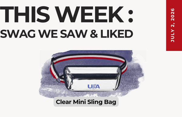 Banner for This Week: Swag We Saw & Liked; shows a clear mini sling bag with a red, white, and blue strap on a purple splash background; caption reads 'Clear Mini Sling Bag'.