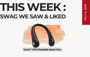 Promotional graphic highlighting this week's swag, featuring an iLive GPX Portable Neck Fan over an orange brush stroke background.
