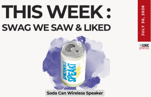 Promo graphic featuring a soda-can wireless speaker in front of a purple splash, with bold text 'THIS WEEK: SWAG WE SAW & LIKED' and a vertical date note on the right reading 'JULY 30, 2016'