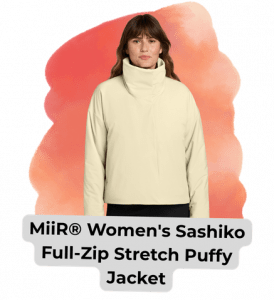 swag we saw and liked 86 1 - Sonic Promos | Custom Promotional Items Image of the MiiR Women's Sashiko Full-Zip Stretch Puffy Jacket in tan on a model
