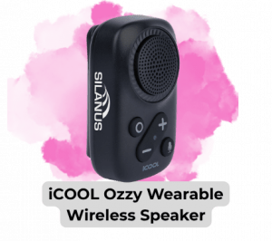 Blog images 10 - Sonic Promos | Custom Promotional Items Small black wearable wireless speaker with a round speaker grille and control buttons, set against a pink background, labeled'iCOOL Ozzy Wearable Wireless Speaker'