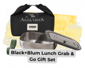 Blog images 11 - Sonic Promos | Custom Promotional Items Black+Blum Lunch Grab & Go Gift Set: black insulated bag with Alta Vista logo and a stainless steel lunchbox with lid.