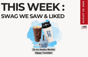 Promo graphic for this week’s swag: three sip cups against a blue splash with label “24 oz Asobu Bestie Sippy Tumbler.”