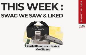 Promotional graphic for 'This Week: Swag We Saw & Liked' featuring a Black+Blum Lunch Grab & Go Gift Set (lunch box and lid) with a pale background and a red date strip on the right.