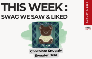 This Week feature image showing a chocolate Snuggly Sweater Bear gift box with plaid wrapping, on a mint green splash, announcing swag we saw and liked for August 6, 2026 (Sonic Promos).