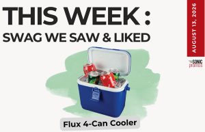 Promotional graphic for the week: Flux 4-Can Cooler filled with soda cans on a mint splash, date August 13, 2026, Sonic Promos.