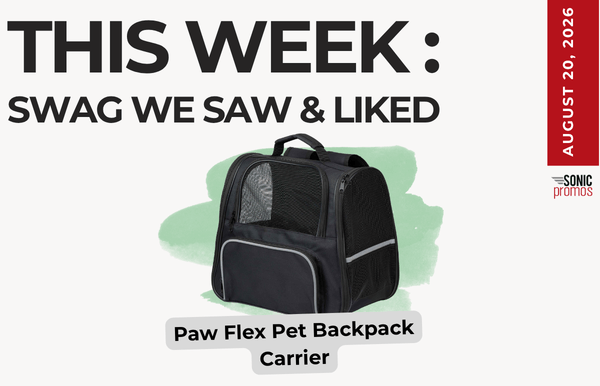 Promo graphic announcing 'This Week: Swag We Saw & Liked' with a Paw Flex Pet Backpack Carrier centered on a mint splash background and right-side date.