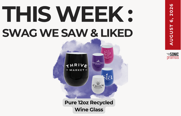 This week’s swag recap featuring a Pure 12oz recycled wine glass in front of purple and blue branded cups, with bold text announcing the promotion.