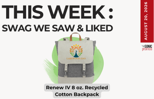 Promotional banner announcing 'This Week: Swag We Saw & Liked' featuring a gray recycled-cotton backpack with the Lakewood Zoo logo in front of a green circle.