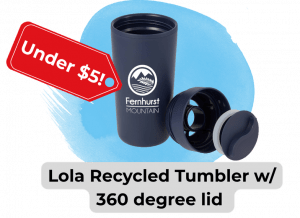 swag we saw and liked 813 12 - Sonic Promos | Custom Promotional Items Dark blue Fernhurst Mountain tumbler with 360° lid, disassembled on a blue background; red sale tag reads Under .