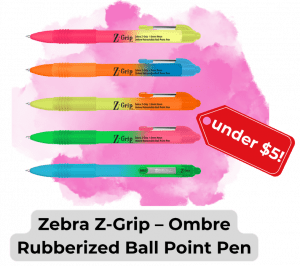swag we saw and liked 813 14 - Sonic Promos | Custom Promotional Items Five colorful Zebra Z-Grip Ombre retractable ballpoint pens on a pink splash background with an'under $5' label.