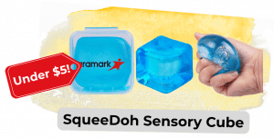 swag we saw and liked 813 15 - Sonic Promos | Custom Promotional Items SqueeDoh Sensory Cube set with a blue gel cube, a squeeze toy, and an'Under $5' tag.