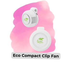 Blog images 14 - Sonic Promos | Custom Promotional Items Eco Compact Clip Fan, white clip-on fan with green palm-logo, displayed on a pink gradient background.
