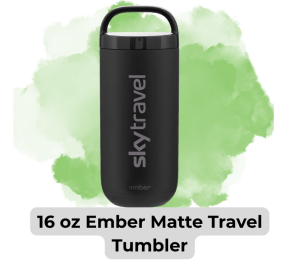 Blog images 15 - Sonic Promos | Custom Promotional Items Black 16 oz Ember matte travel tumbler with lid, branded 'skytravel', on a green paint-splash background.