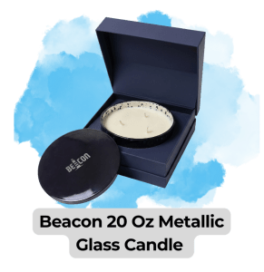 Blog images 16 - Sonic Promos | Custom Promotional Items Beacon 20 oz metallic glass candle in an open navy box against a blue backdrop, lid nearby for display purposes