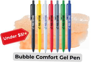Blog images 18 - Sonic Promos | Custom Promotional Items Colorful set of Bubble Comfort Gel Pens labeled Pixel Cutters, with a red 'Under !' tag, on a peach background.