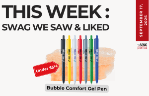 Promo banner featuring rainbow Bubble Comfort Gel Pens with an 'Under $5' tag and the headline 'This Week: Swag We Saw & Liked'.