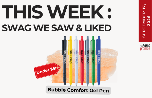 Promo banner featuring rainbow Bubble Comfort Gel Pens with an 'Under $5' tag and the headline 'This Week: Swag We Saw & Liked'.