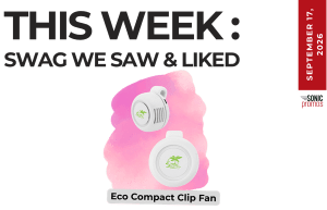 This Week feature: Eco Compact Clip Fan—two white clip fans with green leaf logos on a pink cloud background (date September 17, 2026).