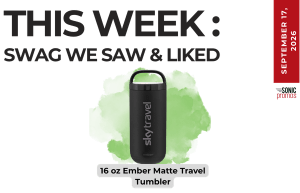 16 oz Ember Matte Travel Tumbler displayed on a green splash with the caption 'This Week: Swag We Saw & Liked' and a red date badge.