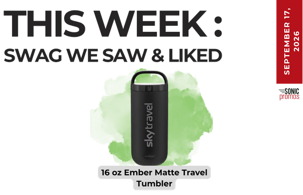 16 oz Ember Matte Travel Tumbler displayed on a green splash with the caption 'This Week: Swag We Saw & Liked' and a red date badge.