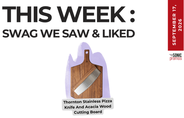 Weekly feature graphic titled This Week: Swag We Saw & Liked, showing a Thornton stainless pizza knife on an acacia wood cutting board with the date September 17, 2026 (vertical banner).