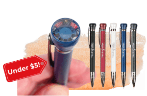 Close-up of a hand holding a blue handheld device next to five colorful pens and a red 'Under $5!' tag