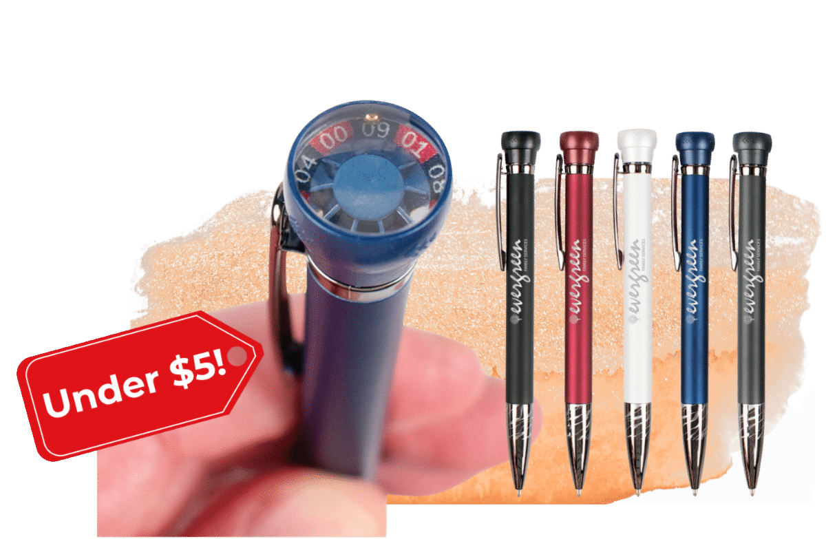 Close-up of a hand holding a blue handheld device next to five colorful pens and a red 'Under $5!' tag